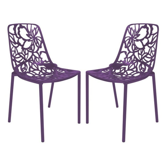 LeisureMod Stackable Dining Chair in Aluminum with Stackable and Floral Cutout Design Indoor Outdoor Use No Assembly for Modern Home, Kitchen, Patio Devon Collection in Purple Set of 2