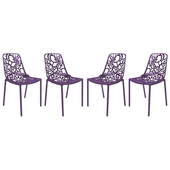 LeisureMod Stackable Dining Chair in Aluminum with Stackable and Floral Cutout Design Indoor Outdoor Use No Assembly for Modern Home, Kitchen, Patio Devon Collection in Purple Set of 4
