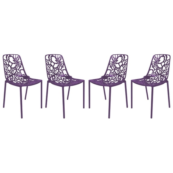 LeisureMod Stackable Dining Chair in Aluminum with Stackable and Floral Cutout Design Indoor Outdoor Use No Assembly for Modern Home, Kitchen, Patio Devon Collection in Purple Set of 4