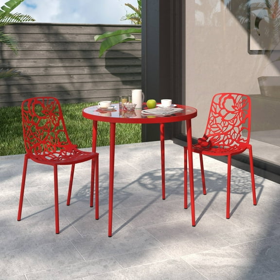 LeisureMod Stackable Dining Chair in Aluminum with Stackable and Floral Cutout Design Indoor Outdoor Use No Assembly for Modern Home, Kitchen, Patio Devon Collection in Red Set of 2