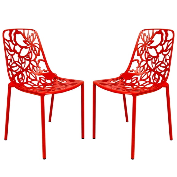LeisureMod Devon Patio Dining Chair, Floral Cutout Aluminum Metal Stackable Side Chair for Indoor Outdoor Use, Weather & UV Resistant Modern Garden Bistro Seating with Floor Protectors, Red, Set of 2