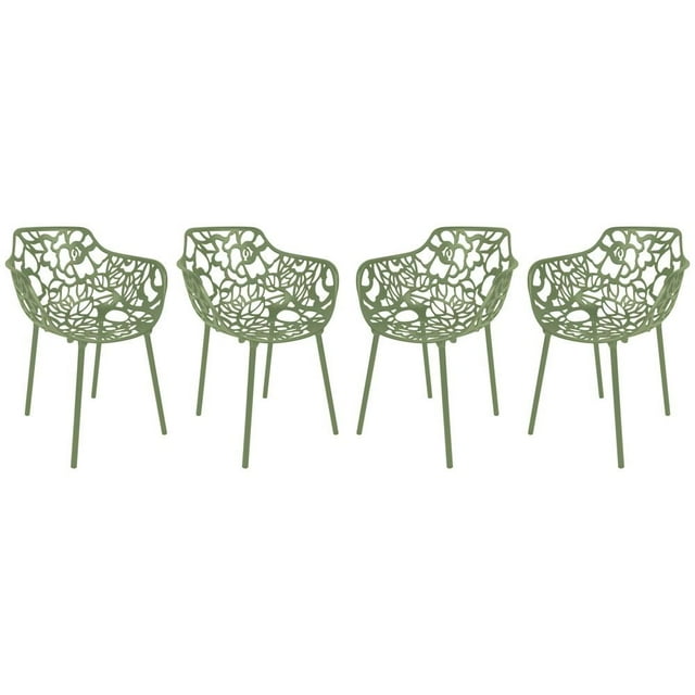 LeisureMod Stackable Dining Chair in Aluminum with Stackable and Floral Cutout Design Indoor Outdoor Use No Assembly for Modern Home, Kitchen, Patio Devon Collection Set of 4