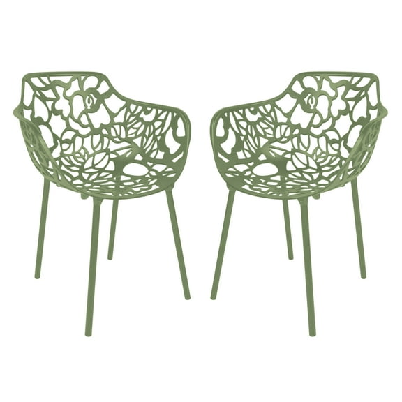 LeisureMod Stackable Dining Chair in Aluminum with Stackable and Floral Cutout Design Indoor Outdoor Use No Assembly for Modern Home, Kitchen, Patio Devon Collection Set of 2