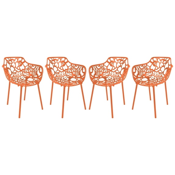 LeisureMod Stackable Dining Chair in Aluminum with Stackable and Floral Cutout Design Indoor Outdoor Use No Assembly for Modern Home, Kitchen, Patio Devon Collection Set of 4