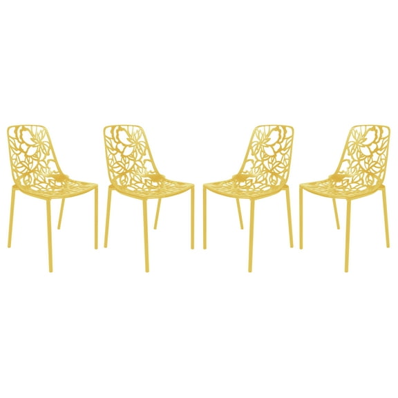 LeisureMod Stackable Dining Chair in Aluminum with Stackable and Floral Cutout Design Indoor Outdoor Use No Assembly for Modern Home, Kitchen, Patio Devon Collection in Yellow Set of 4