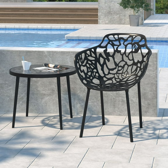 LeisureMod Stackable Dining Chair in Aluminum with Stackable and Floral Cutout Design Indoor Outdoor Use No Assembly for Modern Home, Kitchen, Patio Devon Collection