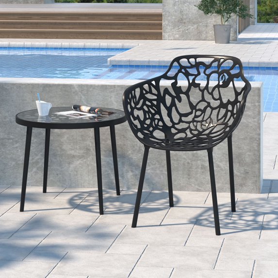 LeisureMod Stackable Dining Chair in Aluminum with Stackable and Floral Cutout Design Indoor Outdoor Use No Assembly for Modern Home, Kitchen, Patio Devon Collection