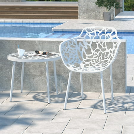 LeisureMod Stackable Dining Chair in Aluminum with Stackable and Floral Cutout Design Indoor Outdoor Use No Assembly for Modern Home, Kitchen, Patio Devon Collection