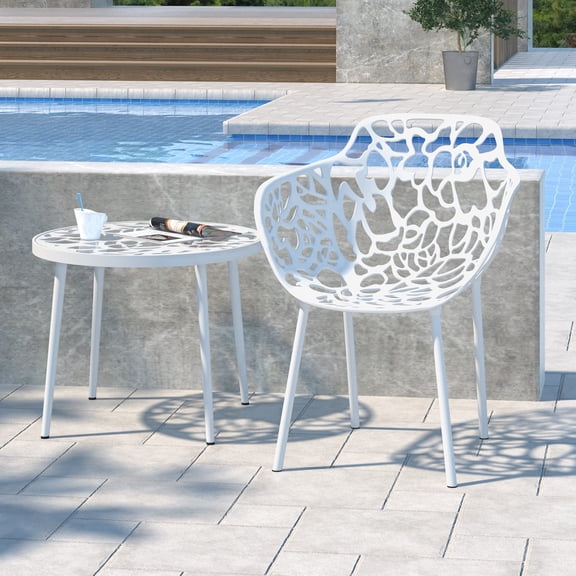 LeisureMod Stackable Dining Chair in Aluminum with Stackable and Floral Cutout Design Indoor Outdoor Use No Assembly for Modern Home, Kitchen, Patio Devon Collection