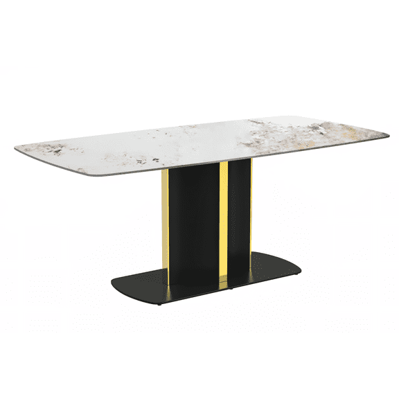 LeisureMod Sylva Mid-Century Modern 55" Rectangular Dining Table with Sintered Stone Table Top and Gold Steel Pedestal Base for Kitchen and Dining Room, White Grey