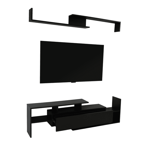 LeisureMod TV Stand in Stained MDF with Upper and Lower Shelf and Large Enclosed Drawer for Modern Home, Living Room Surrey Collection in Ebony