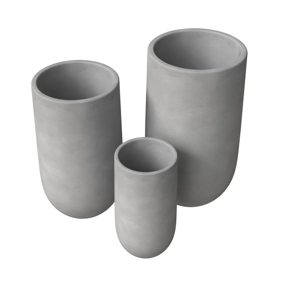 LeisureMod Topiary 3-Piece Mid-Century Modern Planter Set: Fiberstone and MgO Clay Cylinder Planter Pot Set with Drainage Holes for Indoor and Outdoor (Dark Grey)