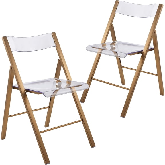 LeisureMod Transparent Acrylic Folding Chair, Lightweight Iron Chrome Base Comfortable Clear Desk Chair, No Assembly Needed (Set of 2) in Brushed Gold