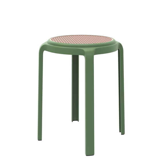 LeisureMod Tresse Round Plastic Dining Stool, Mid-Century Modern Stackable Accent Stool with Wicker Top for Kitchen and Dining Room (Green)