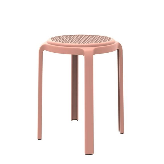 LeisureMod Tresse Round Plastic Dining Stool, Mid-Century Modern Stackable Accent Stool with Wicker Top for Kitchen and Dining Room (Pink)