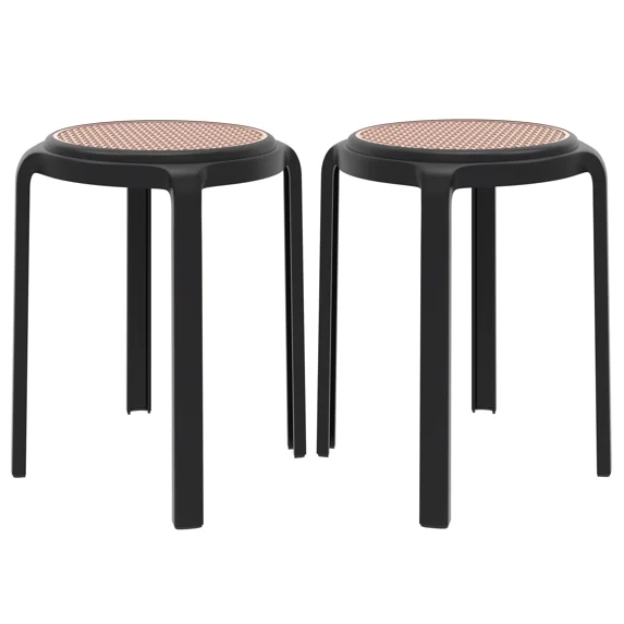 LeisureMod Tresse Stackable Dining Stool – Mid-Century Modern Round Backless Wicker-Top Seat Indoor Outdoor Use for Kitchen, Patio, Garden Set of 2