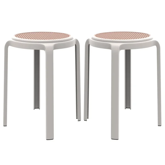 LeisureMod Tresse Stackable Dining Stool – Mid-Century Modern Round Backless Wicker-Top Seat Indoor Outdoor Use for Kitchen, Patio, Garden Set of 2