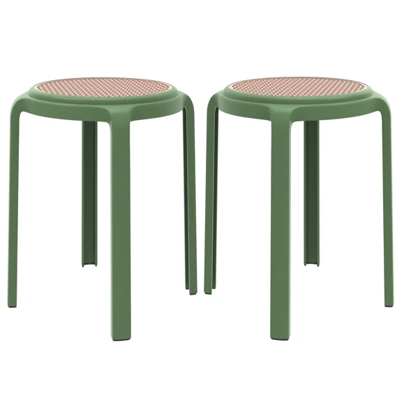 LeisureMod Tresse Stackable Dining Stool – Mid-Century Modern Round Backless Wicker-Top Seat Indoor Outdoor Use for Kitchen, Patio, Garden Set of 2