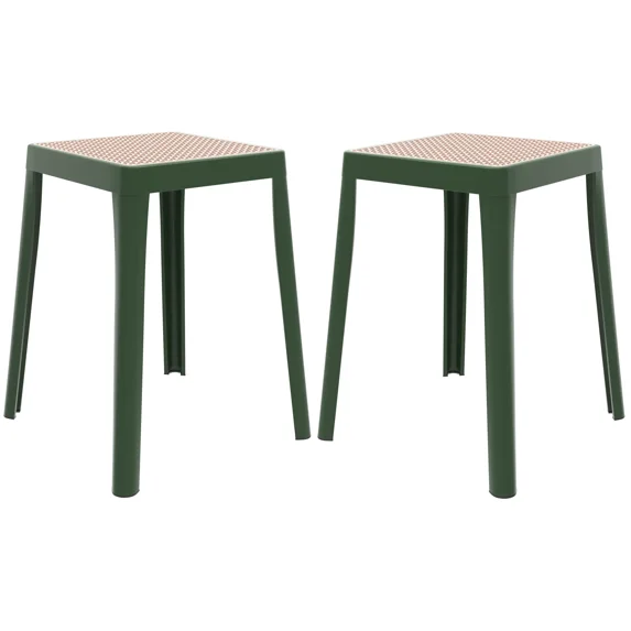 LeisureMod Tresse Stackable Dining Stool – Mid-Century Modern Square Backless Wicker-Top Seat Indoor Outdoor Use for Kitchen, Patio, Garden Set of 2