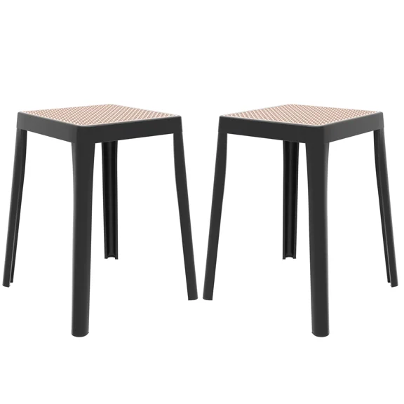 LeisureMod Tresse Stackable Dining Stool – Mid-Century Modern Square Backless Wicker-Top Seat Indoor Outdoor Use for Kitchen, Patio, Garden Set of 2