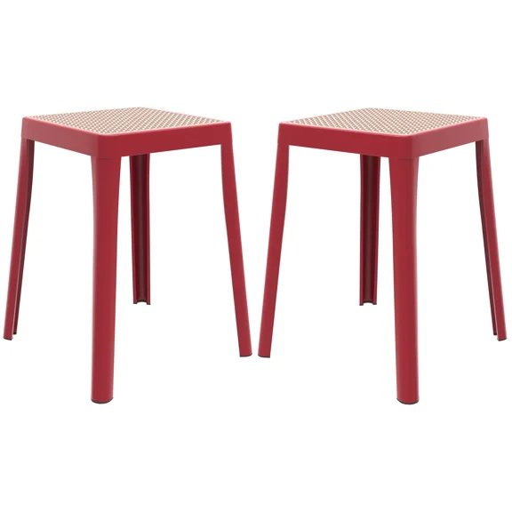 LeisureMod Tresse Stackable Dining Stool – Mid-Century Modern Square Backless Wicker-Top Seat Indoor Outdoor Use for Kitchen, Patio, Garden Set of 2