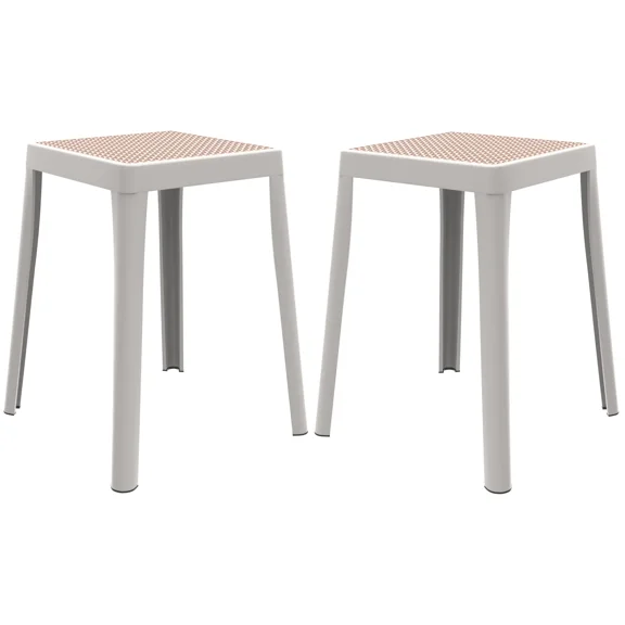 LeisureMod Tresse Stackable Dining Stool – Mid-Century Modern Square Backless Wicker-Top Seat Indoor Outdoor Use for Kitchen, Patio, Garden Set of 2