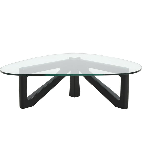LeisureMod Triangular Coffee Table with 36” Tempered Glass Top and Stained Rubberwood Base for Modern Home, Living Room, Office Imperial Collection in Black