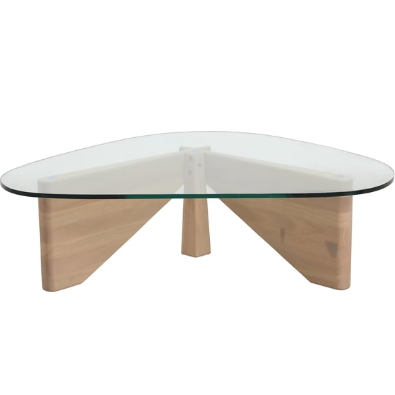 LeisureMod Triangular Coffee Table with 36” Tempered Glass Top and Stained Rubberwood Base for Modern Home, Living Room, Office Imperial Collection in Natural Wood