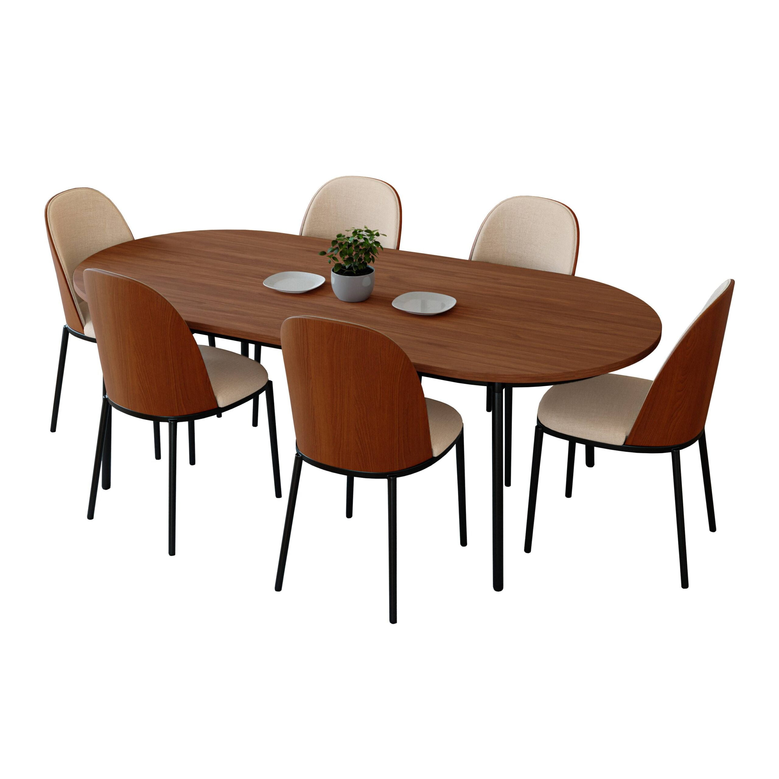 LeisureMod Tule 7Piece Dining Set in Steel Frame with 6 PU Leather