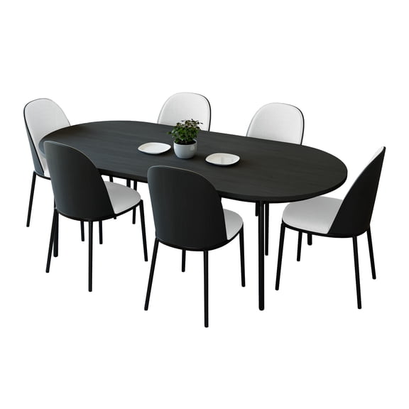 LeisureMod Tule 7-Piece Dining Set in Steel Frame with 6 PU Leather Seat Dining Chairs and 71" Oval Dining Table with MDF Tabletop, Black/White