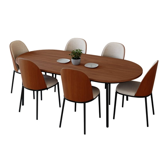 LeisureMod Tule 7-Piece Dining Set in Steel Frame with 6 Velvet Seat Dining Chairs and 71" Oval Dining Table with MDF Tabletop, Walnut/Beige