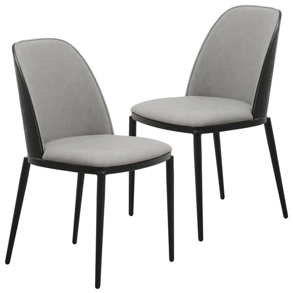 LeisureMod Tule Mid-Century Modern Dining Side Chair with Leather Seat and Powder-Coated Steel Frame for Kitchen and Dining Room in Black/Light Grey Set of 2