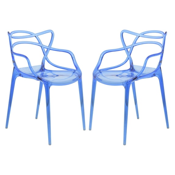 LeisureMod Twain Mid Century Modern Plastic Accent Dining Armchair with Elegant Wire Design, Stackable Plastic Chair for Indoor/Outdoor Use Set of 2 (Blue)