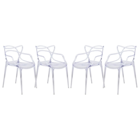 LeisureMod Twain Mid Century Modern Plastic Accent Dining Armchair with Elegant Wire Design, Stackable Plastic Chair for Indoor/Outdoor Use Set of 4 (Clear)