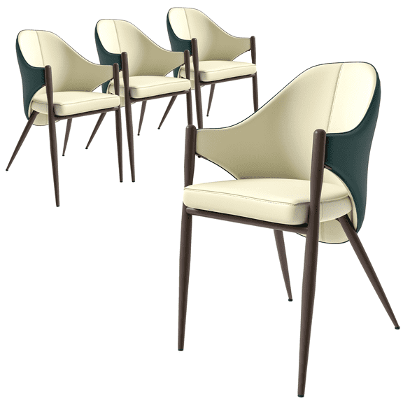 LeisureMod Upholstered Leather Dining Chair, Modern Accent Armchair Ergonomic Kitchen Chairs Iron Legs Foam Filled Seat for Kitchen and Dining Room Sante Collection Set of 4 in Cream/Green