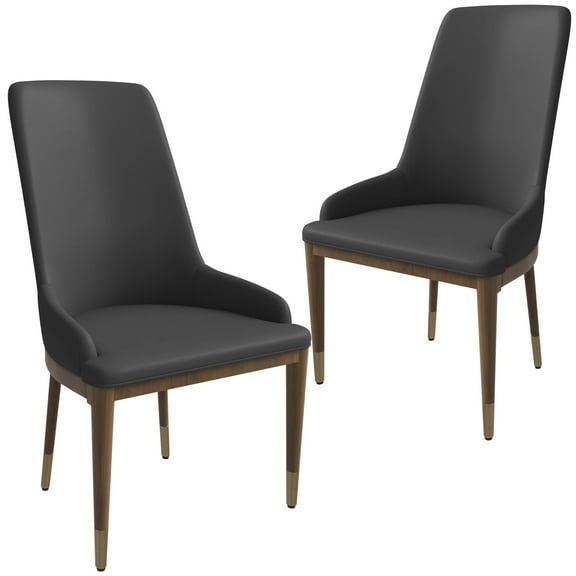 LeisureMod Upholstered Vegan Leather Modern Dining Chair with Rubberwood Legs Accent Armchair Assembled Side Chair for Dining, Living, and Kitchen Viva Series Set of 2 in Dark Grey