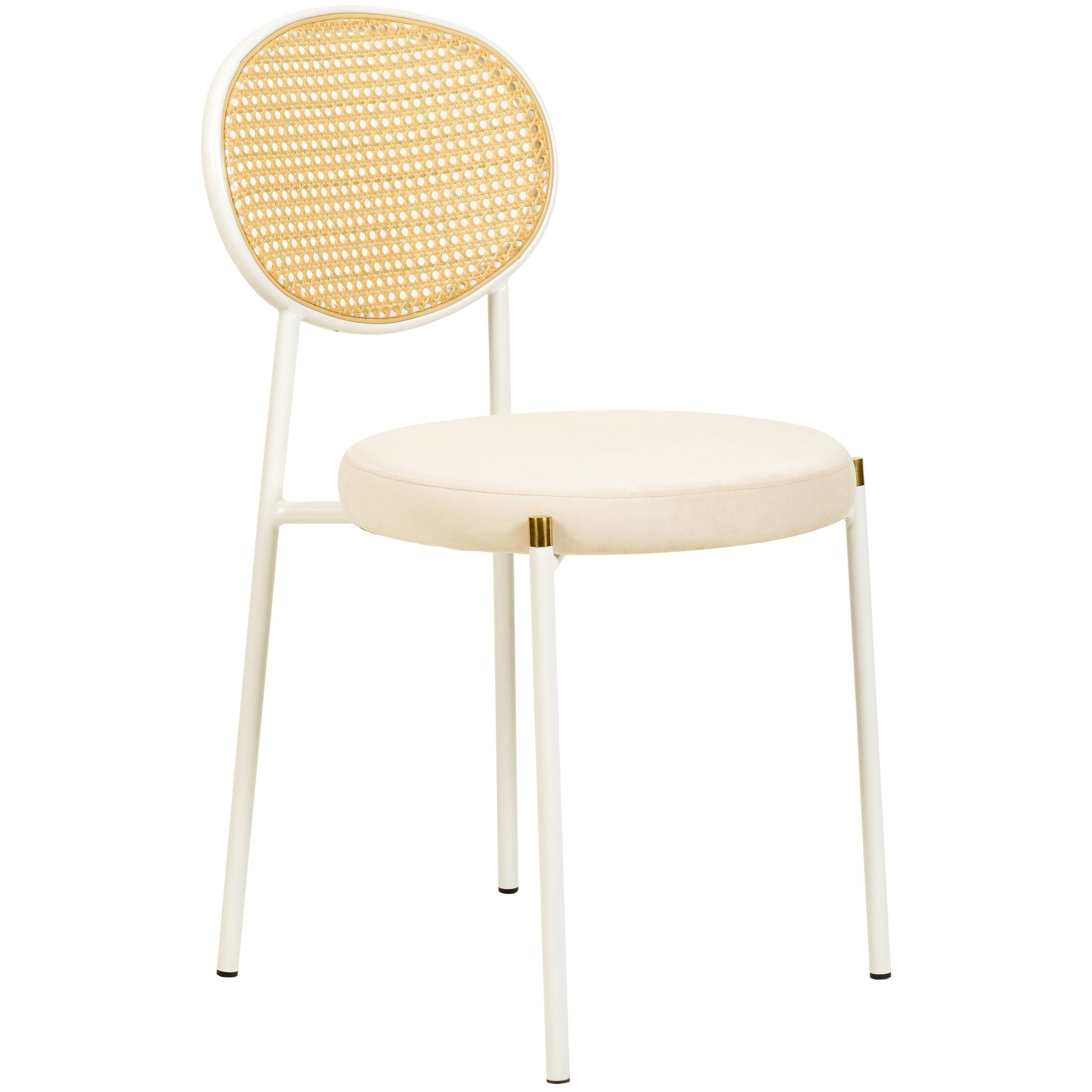 Beige Velvet Side Chair with Rattan Back and White Metal Frame