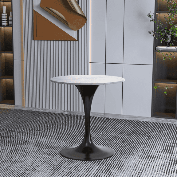 LeisureMod Verve Mid-Century Modern Dining Table with a 27" Round Sintered Stone Tabletop and Black Steel Pedestal Base for Kitchen and Dining Room, White