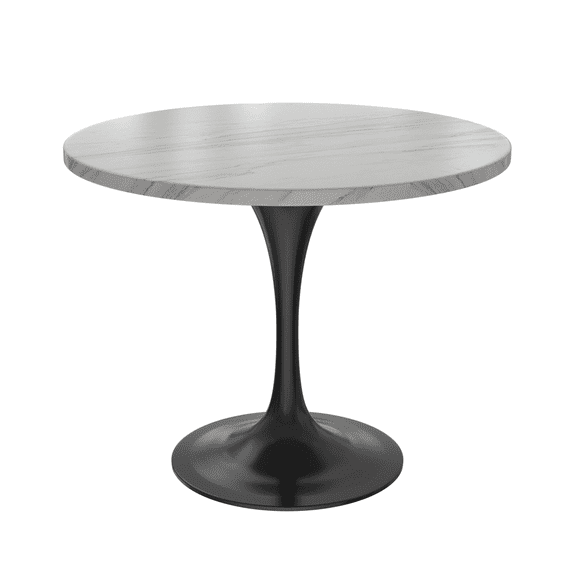 LeisureMod Verve Mid-Century Modern Dining Table with a 36" Round Sintered Stone Tabletop and Black Steel Pedestal Base for Kitchen and Dining Room, White