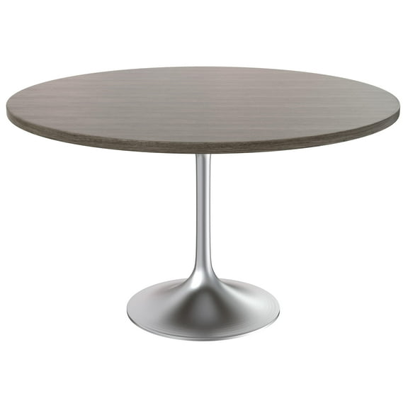 LeisureMod Verve Mid-Century Modern 48" Round Dining Table with MDF Top and Brushed Chrome Pedestal Base for Dining Room and Kitchen, Dark Maple
