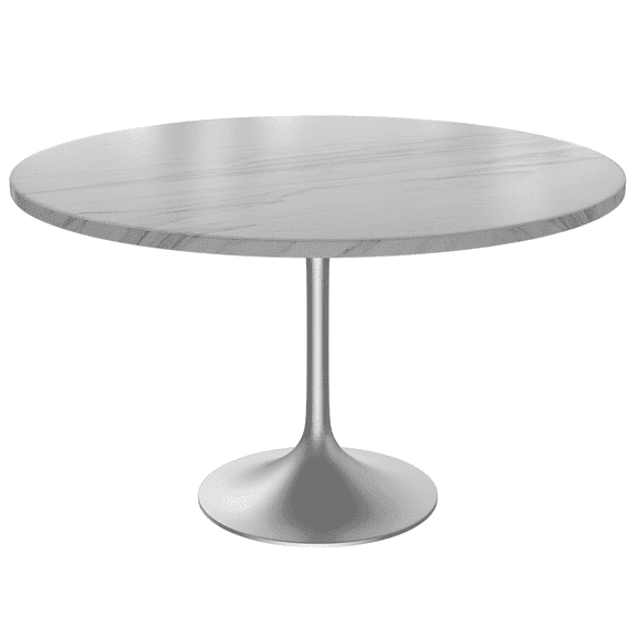 LeisureMod Verve Mid-Century Modern 48" Round Dining Table with Sintered Stone Top and Brushed Chrome Pedestal Base for Dining Room and Kitchen, White