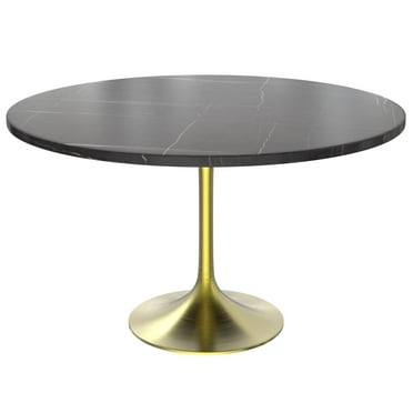 LeisureMod Verve Mid-Century Modern 48" Round Dining Table with Sintered Stone Top and Brushed Gold Pedestal Base for Dining Room and Kitchen, Black