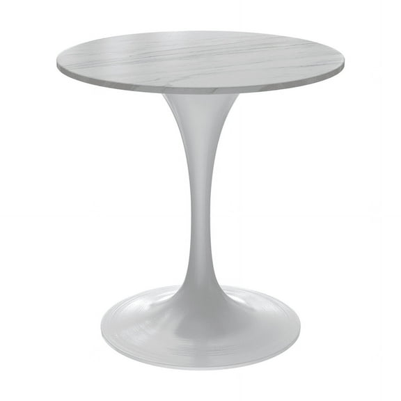 LeisureMod Verve 27" Round Dining Table, Mid-Century Modern Sintered Stone Top Dining Table with White Stainless Steel Pedestal Table Base for Kitchen and Dining Room, White