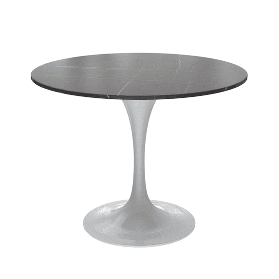 LeisureMod Verve 36" Round Dining Table, Mid-Century Modern Sintered Stone Top Dining Table with White Stainless Steel Pedestal Table Base for Kitchen and Dining Room, Black
