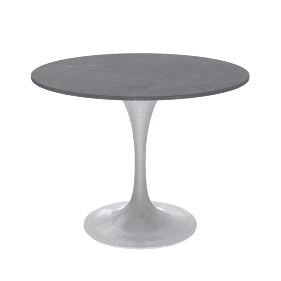 LeisureMod Verve 36" Round Dining Table, Mid-Century Modern Sintered Stone Top Dining Table with White Stainless Steel Pedestal Table Base for Kitchen and Dining Room, Grey