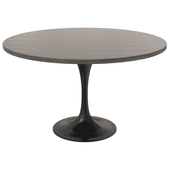 LeisureMod Verve Mid-Century Modern Dining Table with a 48" Round MDF Tabletop and Black Steel Pedestal Base for Kitchen and Dining Room, Dark Maple
