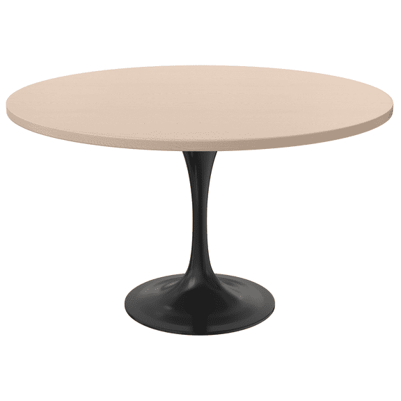 LeisureMod Verve Mid-Century Modern Dining Table with a 48" Round MDF Tabletop and Black Steel Pedestal Base for Kitchen and Dining Room, Light Natural