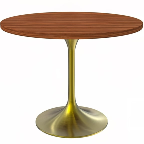 LeisureMod Verve Mid-Century Modern 36" Round Dining Table with MDF Top and Brushed Gold Pedestal Base for Dining Room and Kitchen, Cognac Brown