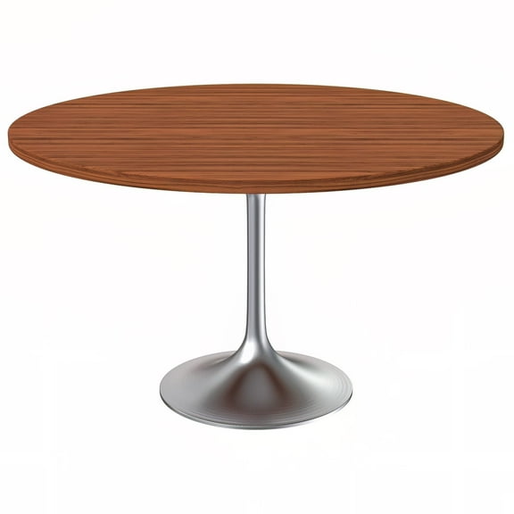 LeisureMod Verve Mid-Century Modern 48" Round Dining Table with MDF Top and Brushed Chrome Pedestal Base for Dining Room and Kitchen, Cognac Brown