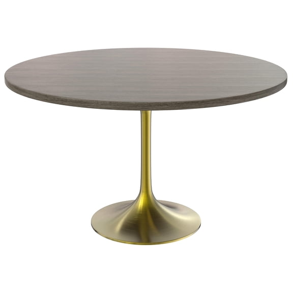 LeisureMod Verve Mid-Century Modern 48" Round Dining Table with MDF Top and Brushed Gold Pedestal Base for Dining Room and Kitchen, Dark Maple